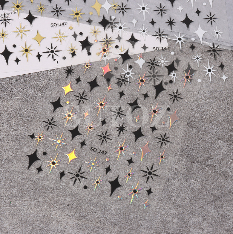 3Sheets Black Gold Silver Star Sun French Tips Nail Stickers Manicure NH18