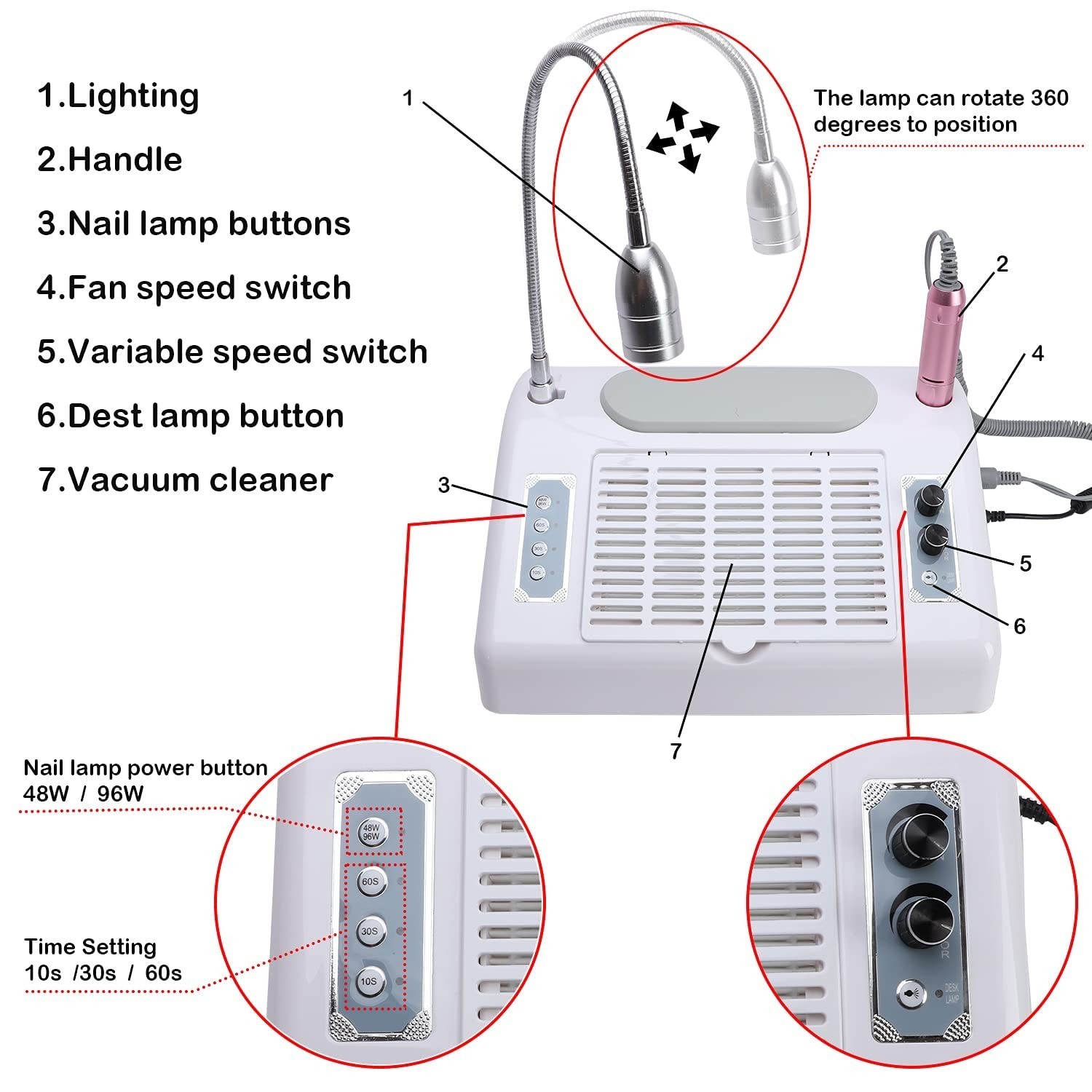 40W Nail Dust Collector with 48W UV LED Lamp & Ergonomic Nail Drill Kit