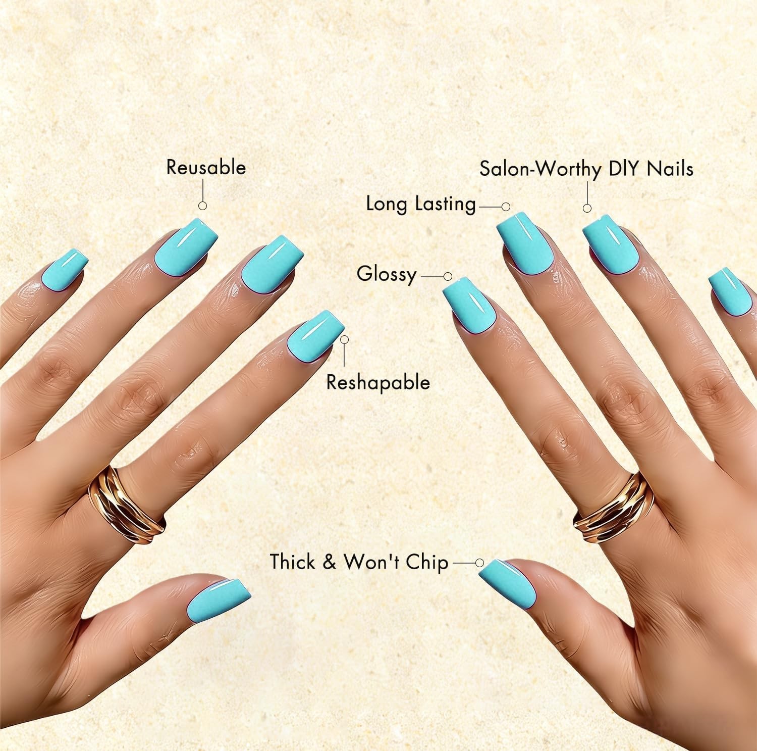 Teal Blue Press on Nails Medium Square, Soft Gel Fake Nails Short teal blue