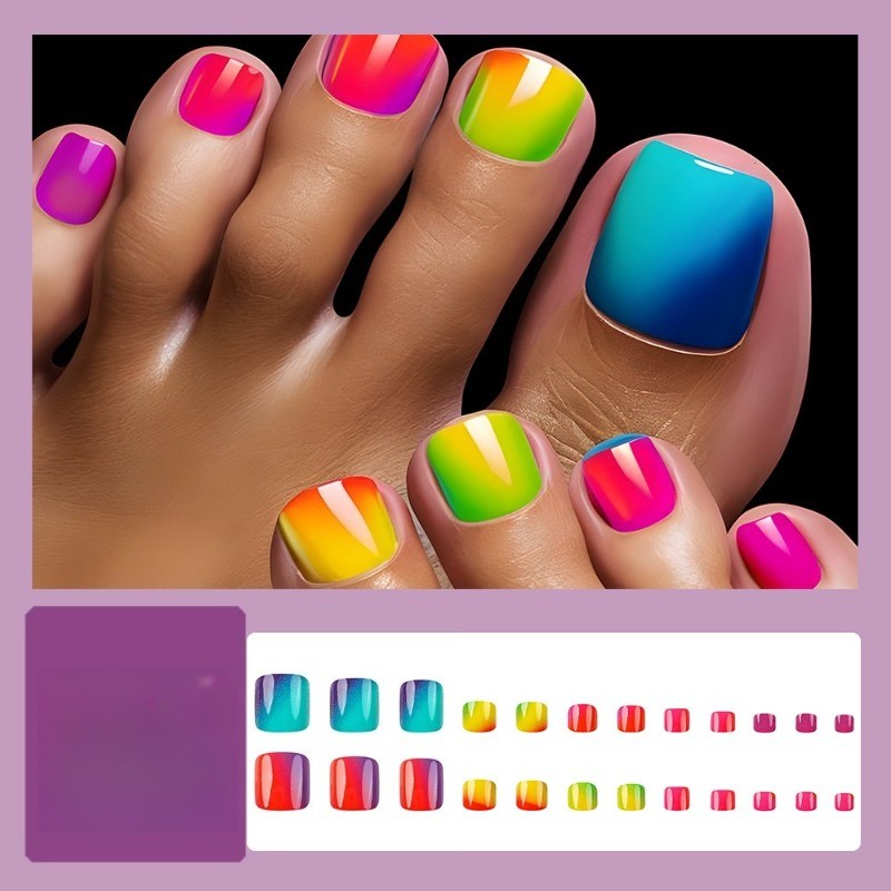 48P Short Square Toe Press on Nails, Colorful Rainbow Ombre Glossy Fake Toenails