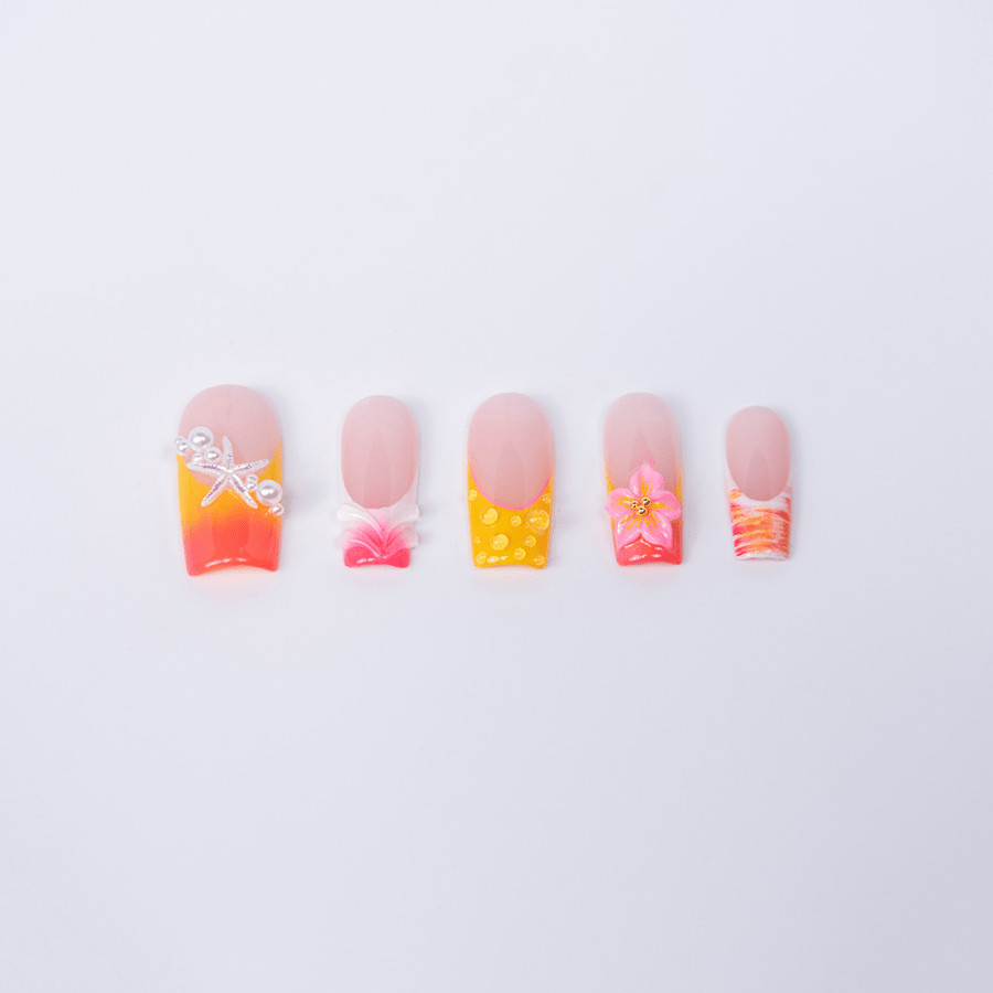 Handmade Orange Pink Gradient Press on Nails Starfish Pearl Glossy Fake Nails