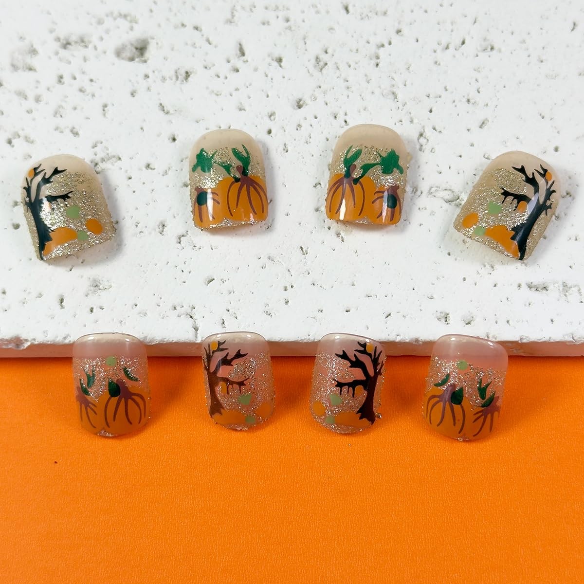 Thanksgiving Press on Nails Short Square Fake Nails Glitter Pumpkin Holiday S…