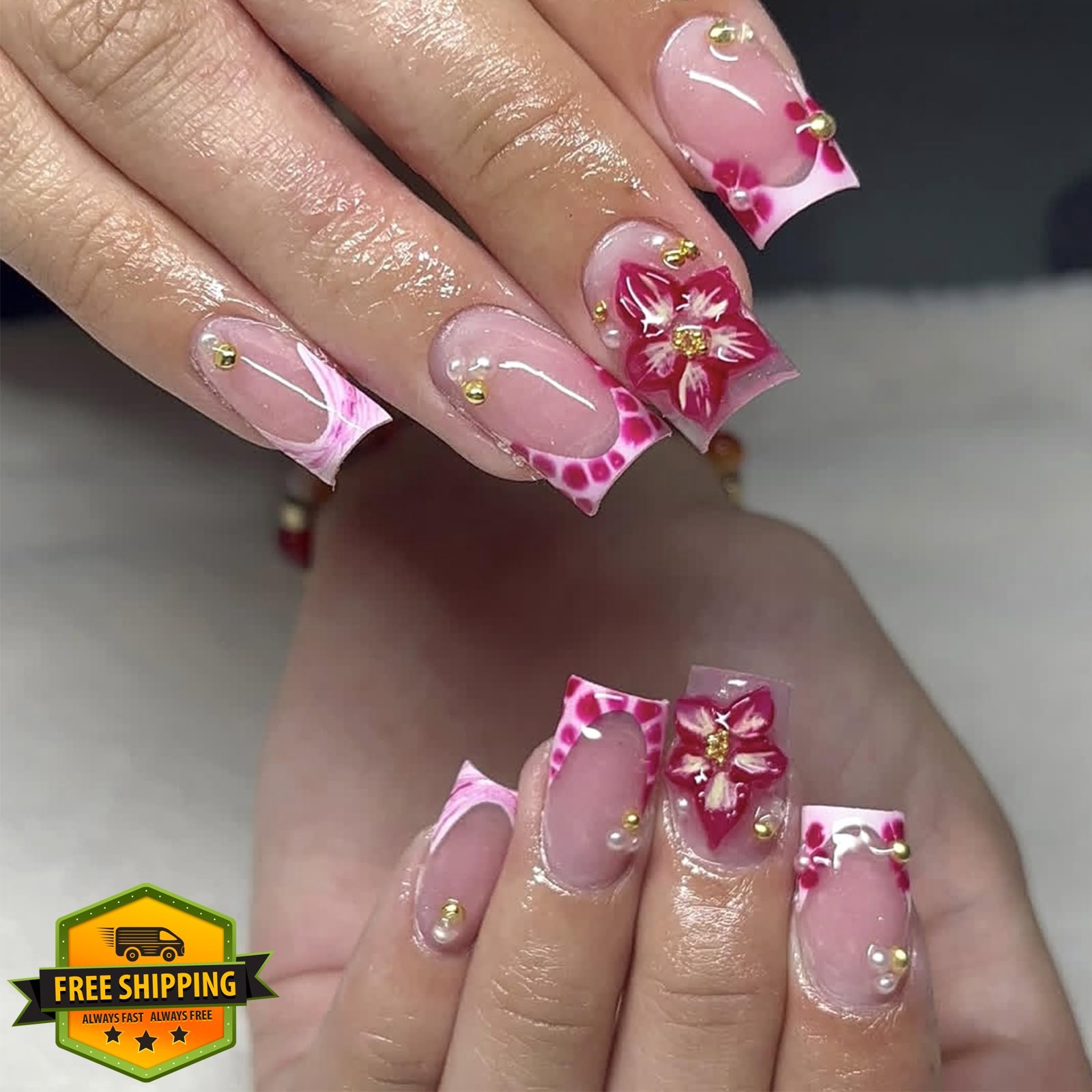 LRKNNO Pink Flower Press On Nails Medium Square French Tip