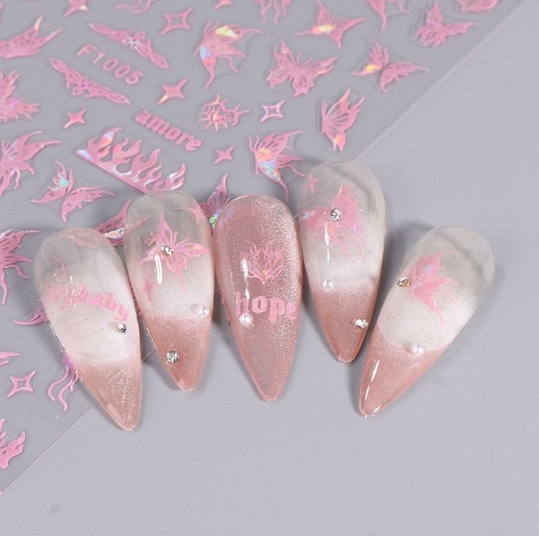 3 or 4Pcs Holographic Laser Pink Black Butterfly Star French Nail Stickers NS20