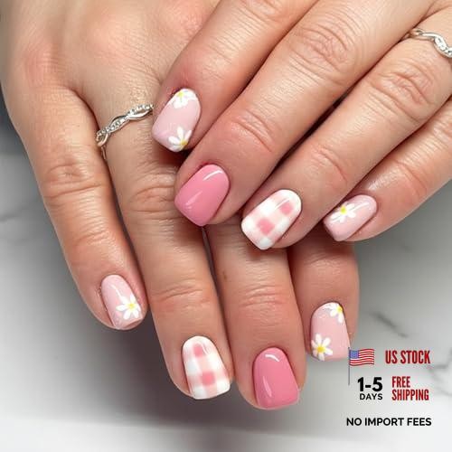 Flower Press on Nails – Spring Short Square Fake Nails with Daisy Gingham Pink