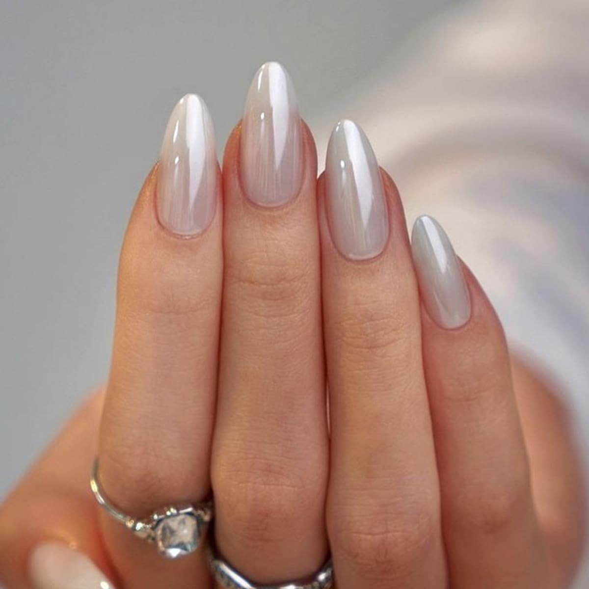 White Chrome Press on Nails Medium Almond Fake Mirror Medium, Style-18