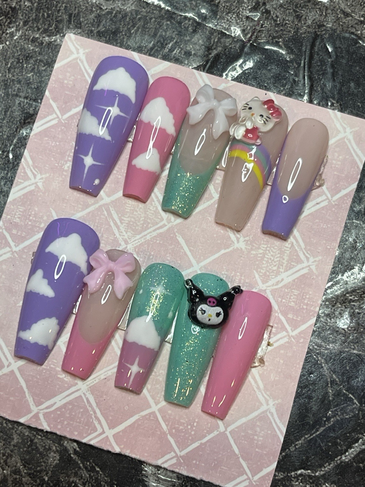 Handmade Press on Nails W/ Hello Kitty Charm. Pastels. Prep kit Inc