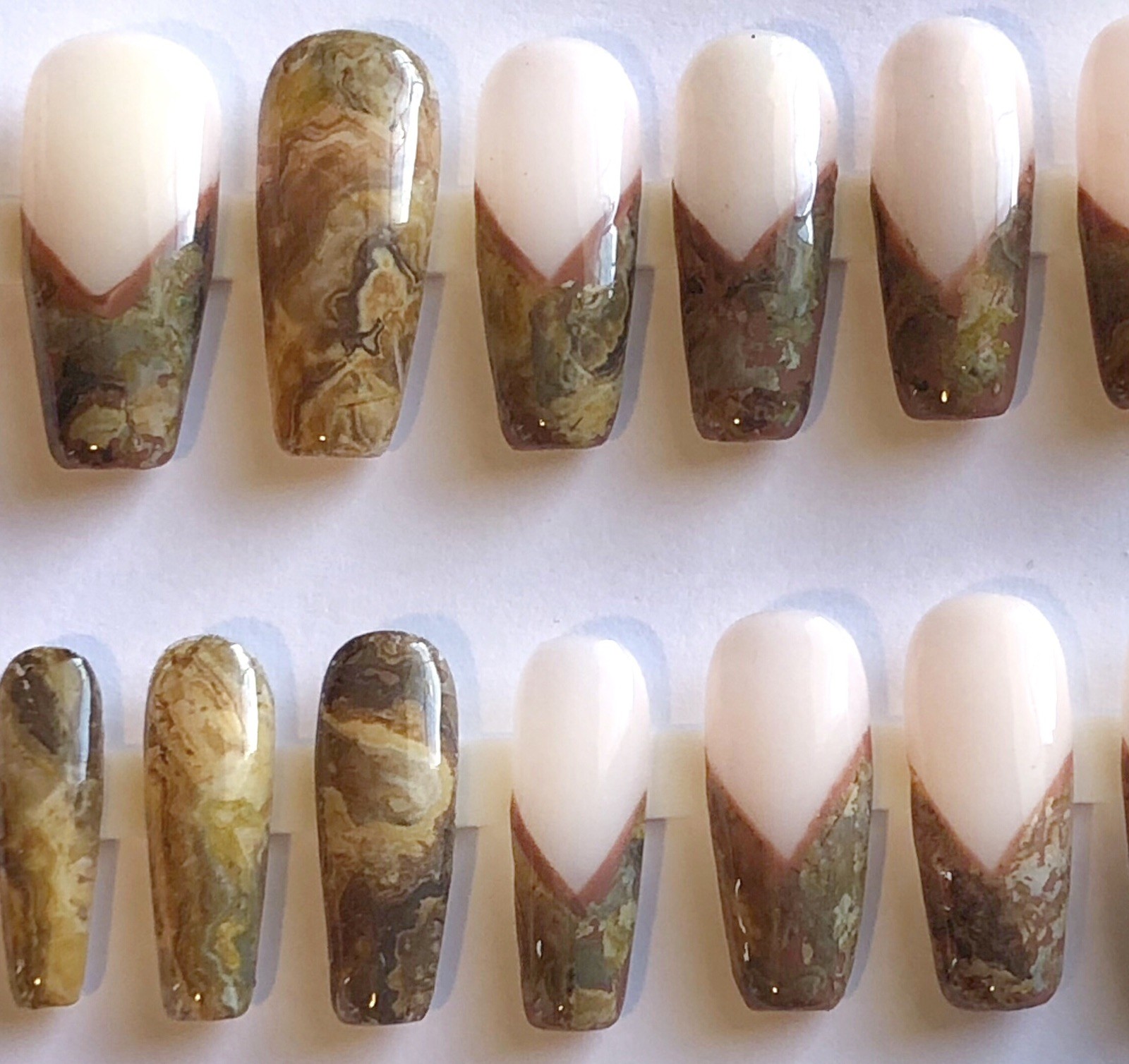 Custom Handmade Press On Nails Long Coffin Milky White Brown French Marble Nails