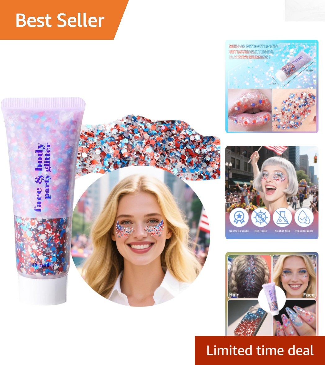 Vivid Red White Blue Body Glitter Gel – Perfect for 4th of July Celebrations
