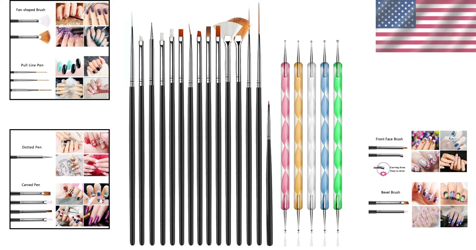 20pc Nail Art Kit: Black Brushes & Multi-Color Dotting Pens for DIY Design Salon