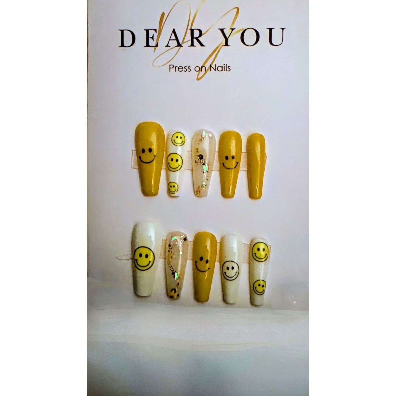 Dear You Hand Painted Glitter Smiley Press On Nails