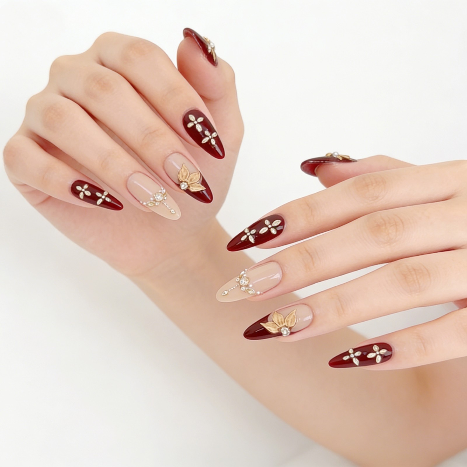 Vintage Gold Maple Leaf Red Press-On Nails with Pearls & Rhinestones Long Almond