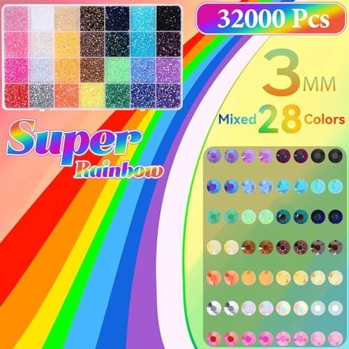 32000Pcs Rhinestones Bedazzling Kit with Tools, 3mm Color Resin Rhinestones for