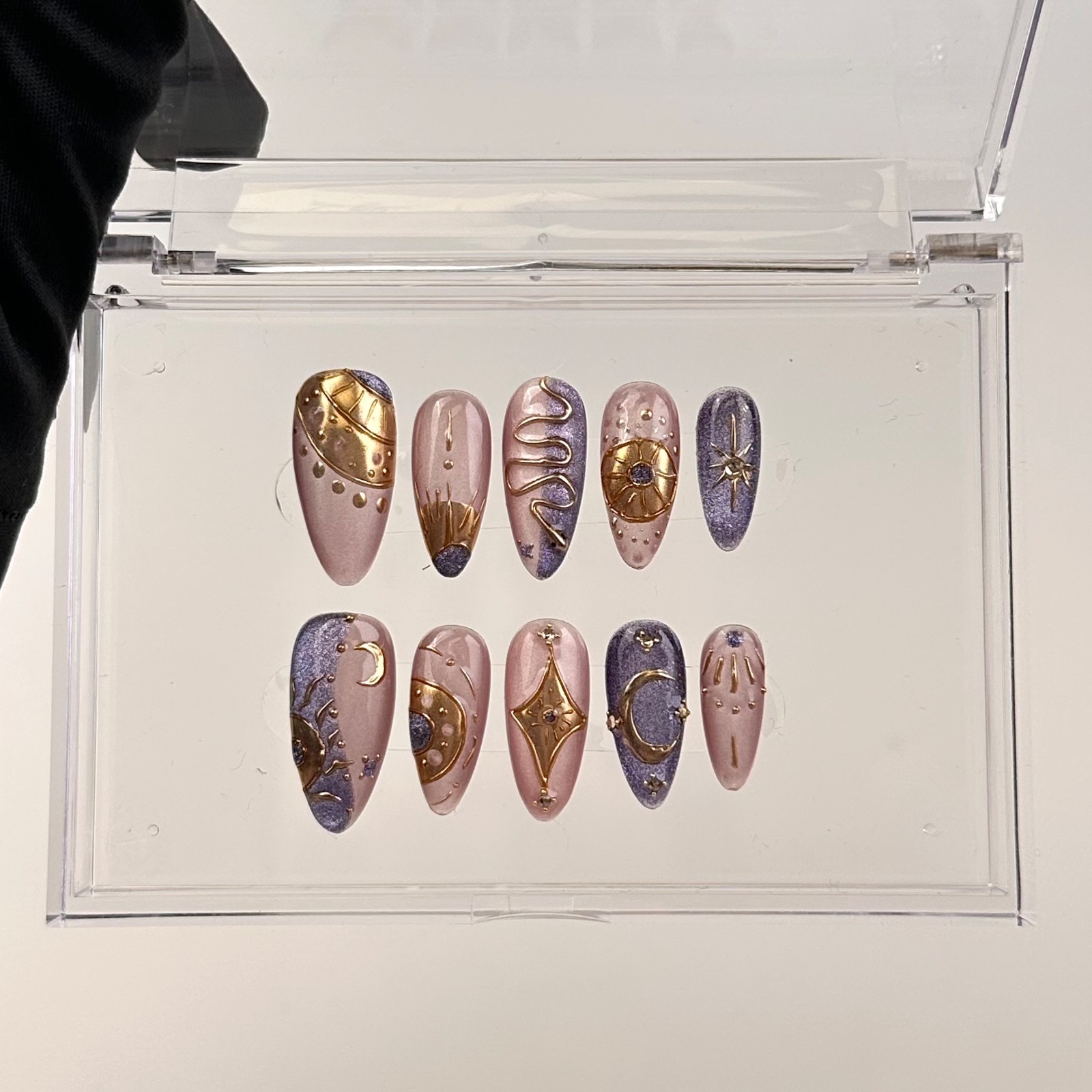 Press On Nails Medium Almond Purple Gold Celestial Moon Star Nail Art Glue Set