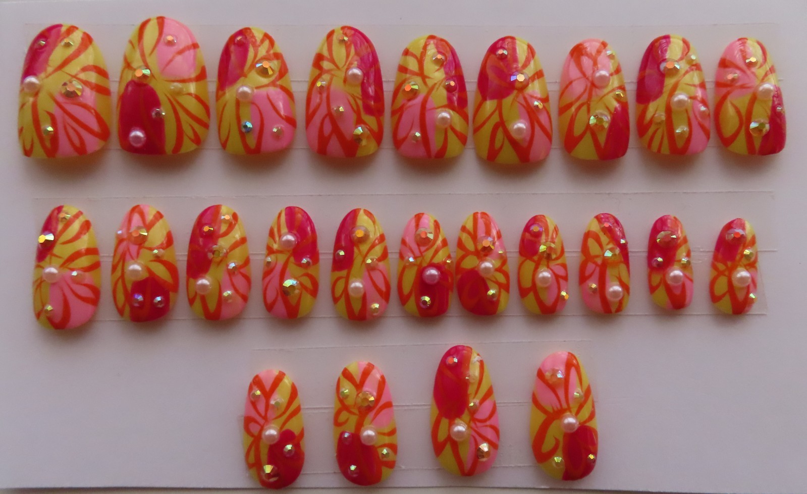 (2) Sets Yellow Red Pink Abstract | Blue Black White Foil Oval Press-On Nails
