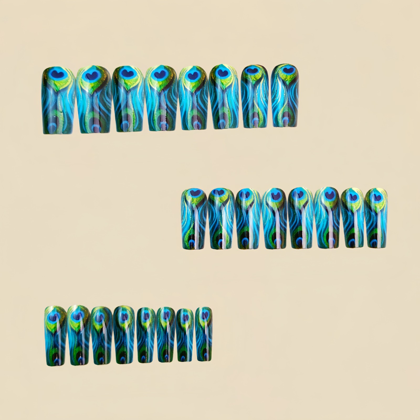 48Pcs Peacock Green Gold Press on Nails Feather Art Glossy Trendy Fake Nails