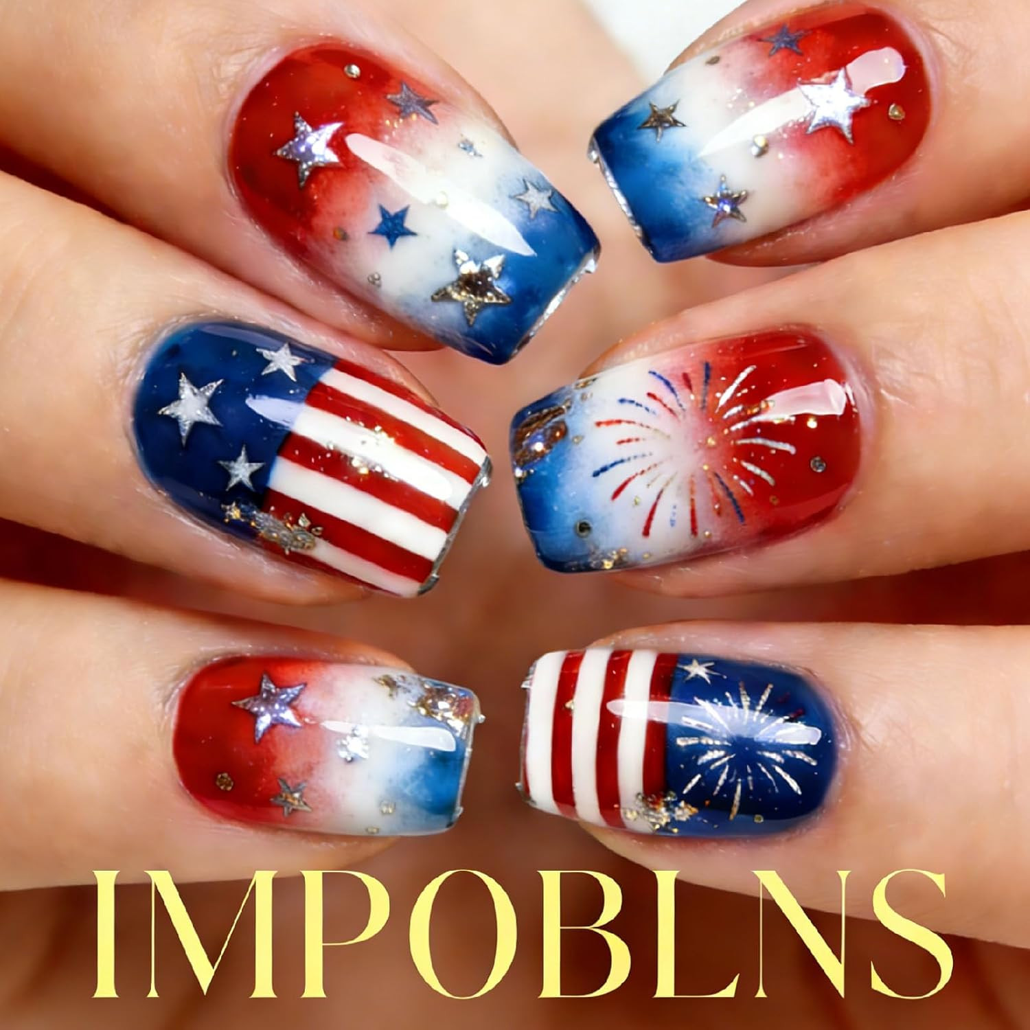 4Th of July Press on Nails Medium Square Fake Nails with Stars American Flag Des