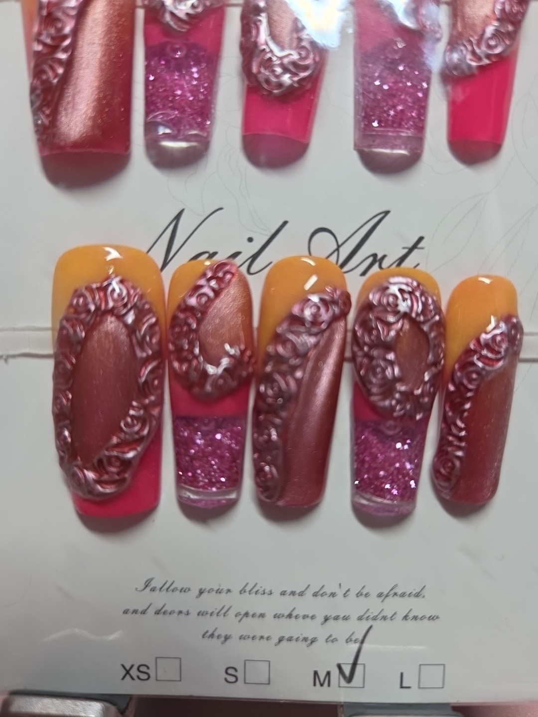 Press On Nails Handmade Medium Pink and orange bangle themed water nails