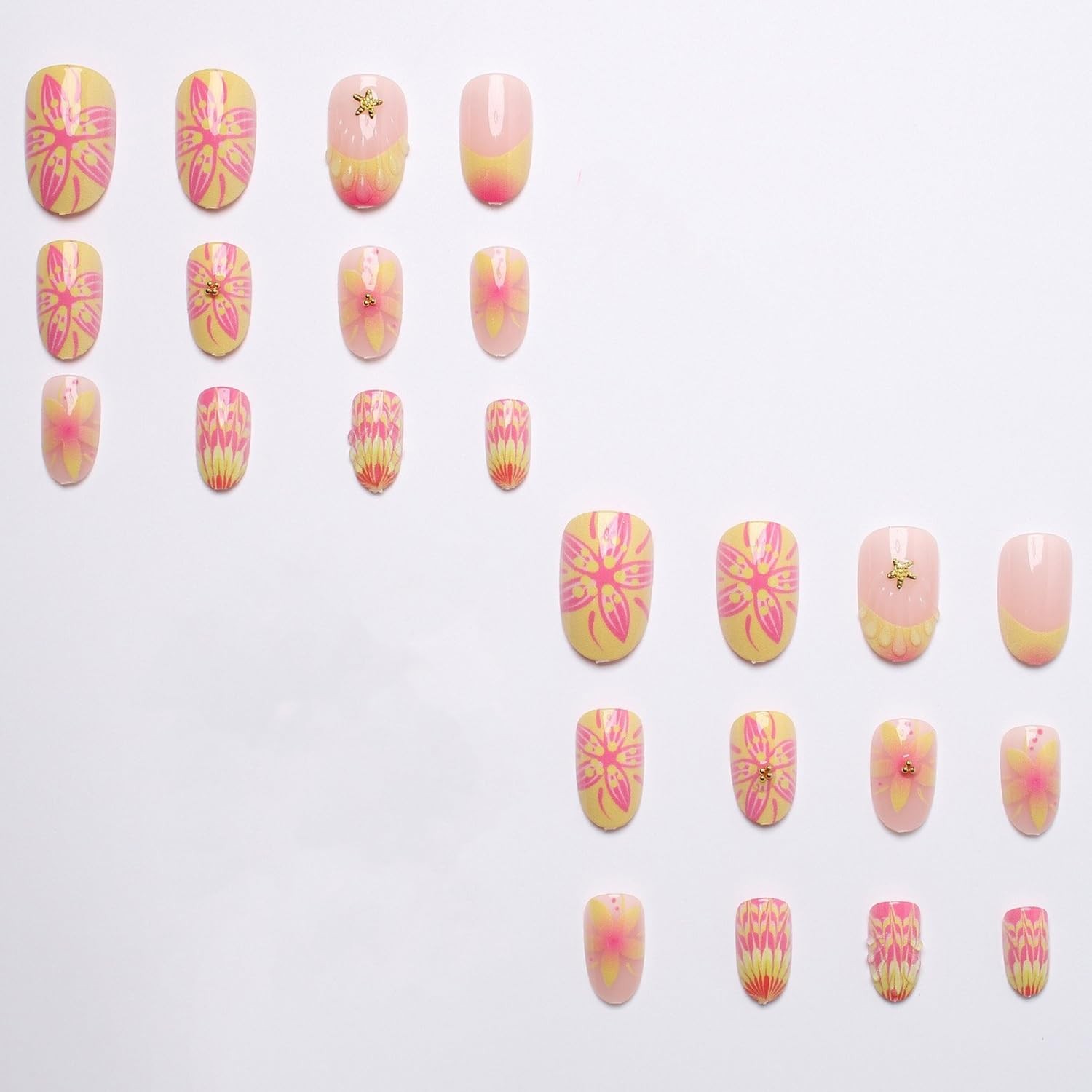Almond Shaped Press on Nails Gradient French Tip Fake Nails with Flower Desig…