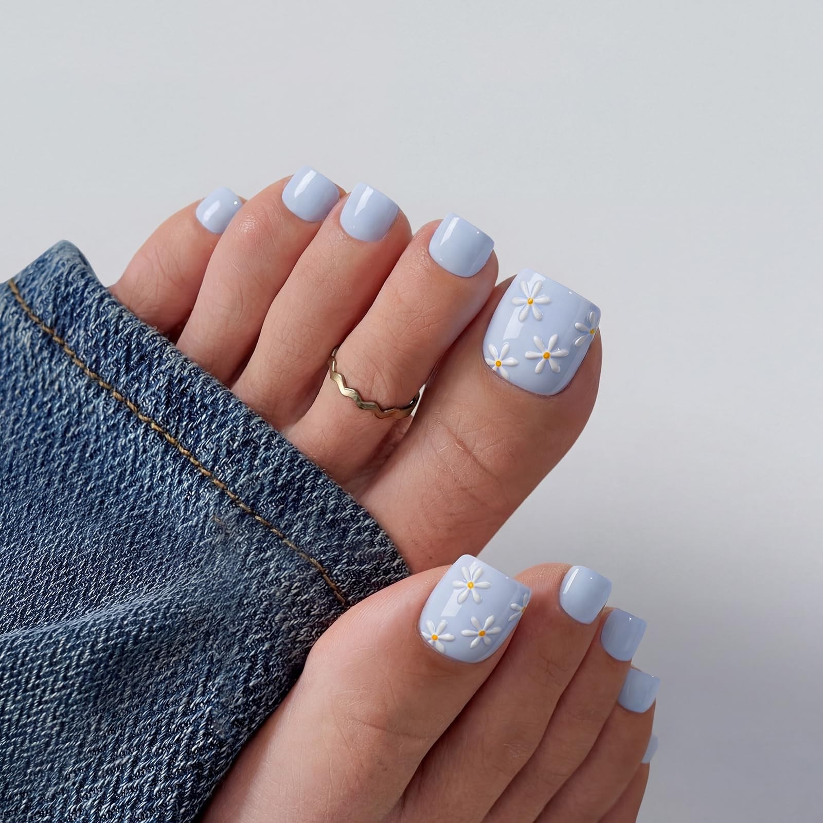 Press On Toenails Short – 3D Flower Pastel Square Design, Easy Application, 30 N