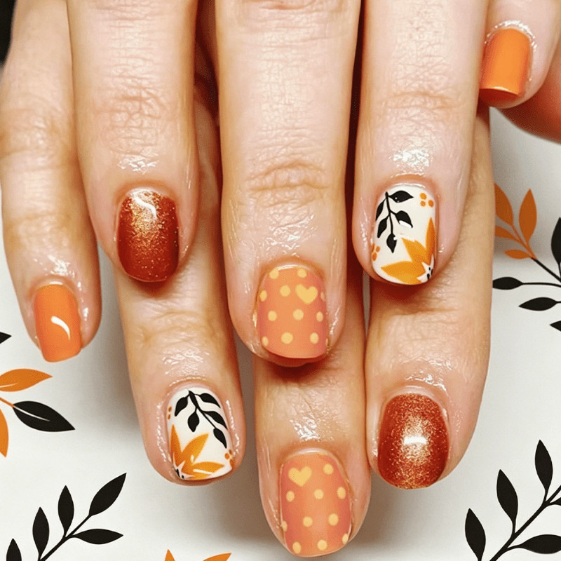 48Pcs-Short Square Autumn Orange Leaf Polka Dot Heart Glitter Press on Nails Set
