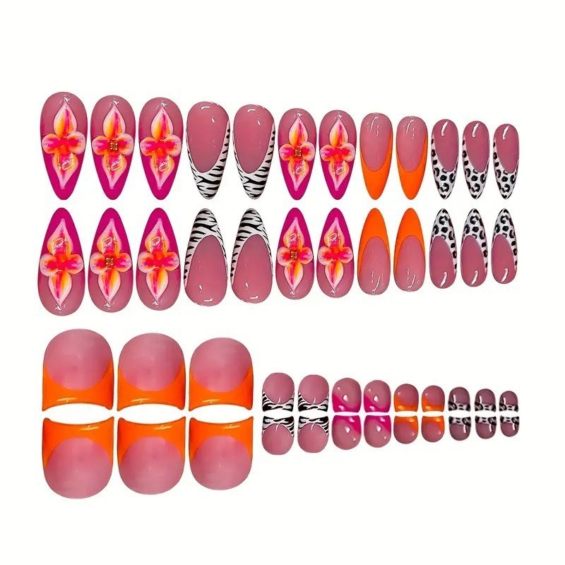 Press on Nail， Orange Pink Contrast Zebra Pattern, Long Fake Nail, 48 Piece Set
