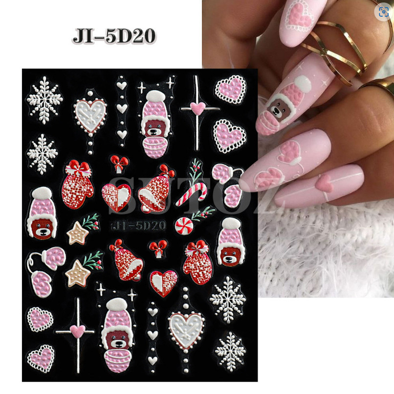 5D Embossed Pink Blue White Christmas Santa Heart Snowflake Nail Stickers Decals