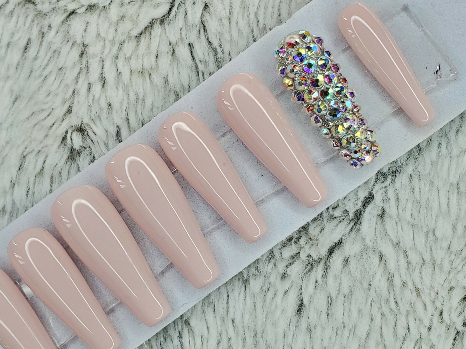 Rosy Nude bling press on nails tan neutral nude peach long tapered ballerina