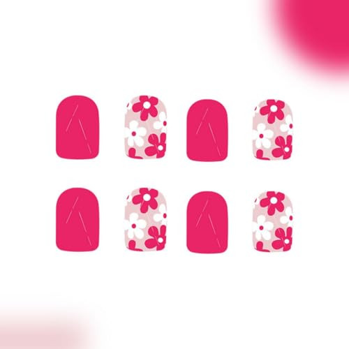 Hot Pink Press on Nails Short Square Fake Nails with Flower Design Floral