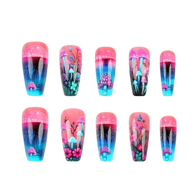 Glowing Mushroom Press on Nail, Medium Coffin with Pink Blue Floral and Neon Art