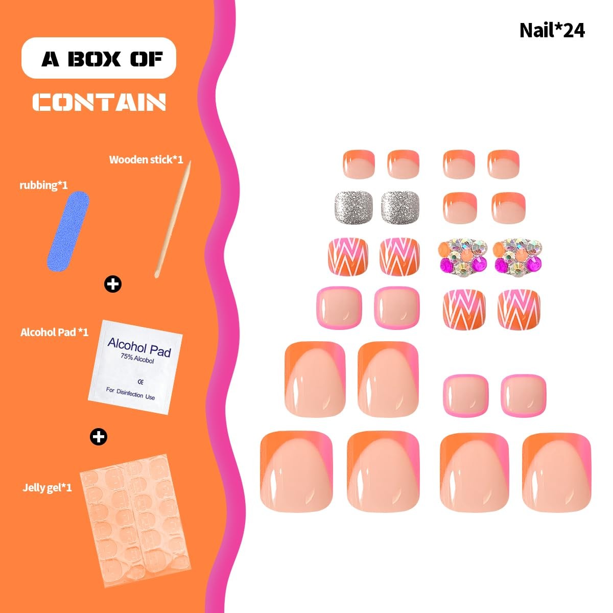 Pink French Tip Press on Toenails Square Short Orange Fake Toe Nails Summer G…