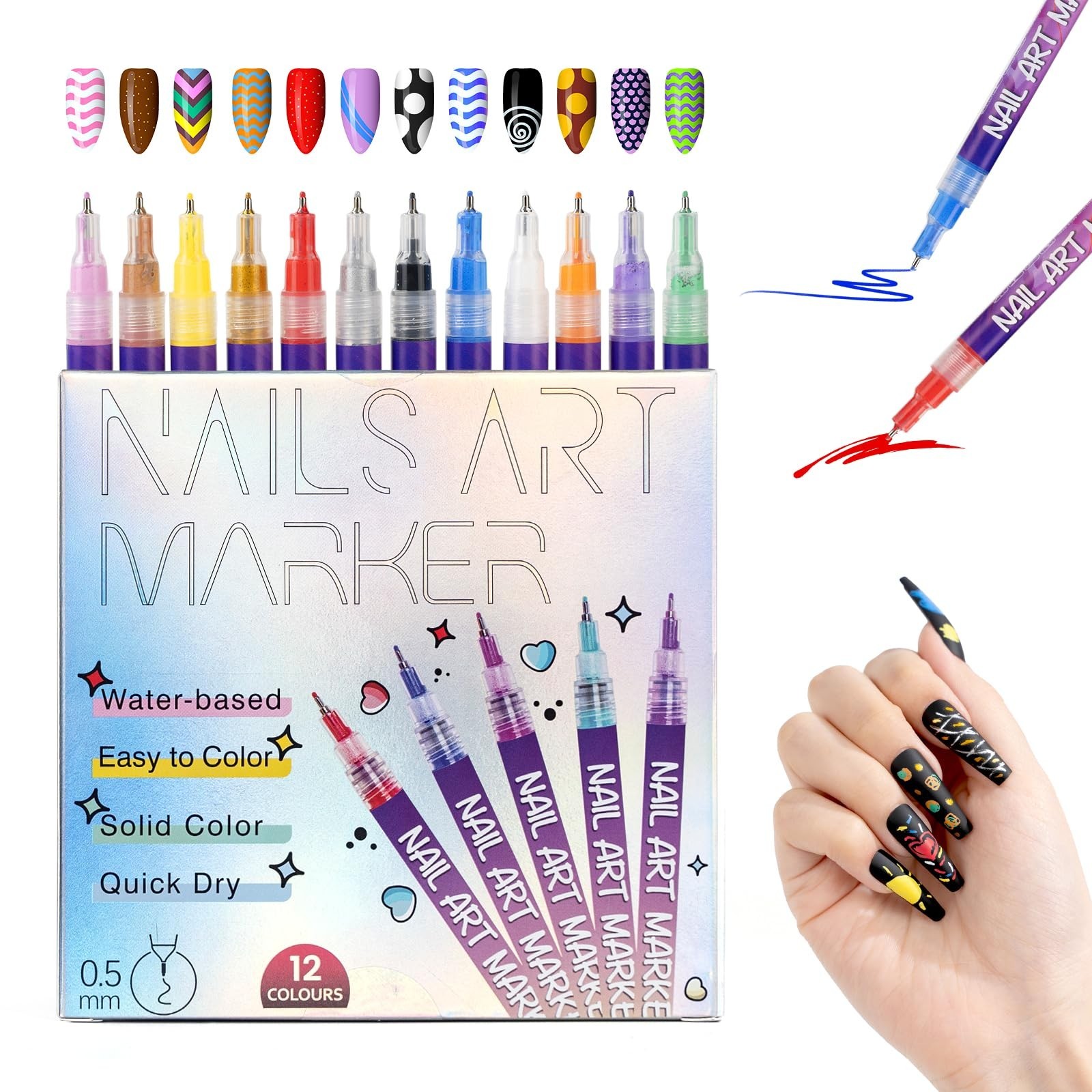 Nail Art Pens, 12 Colors 0.5mm Fine Tip Water-Based Quick-Dry Pens for DIY Na…