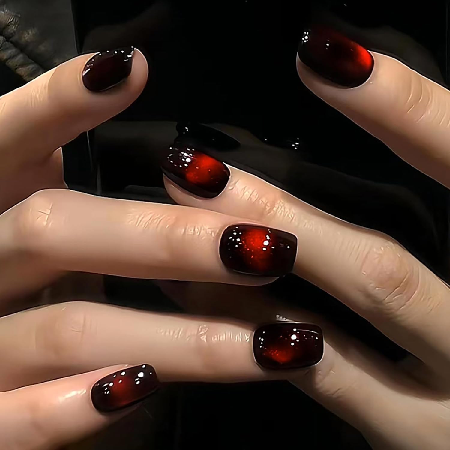 Dark Brown Red Polka Dot Press on Nails Short Oval, 24Pcs Glossy Fall Winter Glu