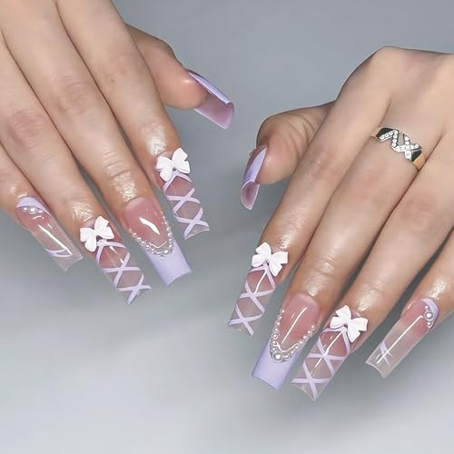 Purple Press on Nails Long Square Fake Nails French Tips Glossy C1-12Purple