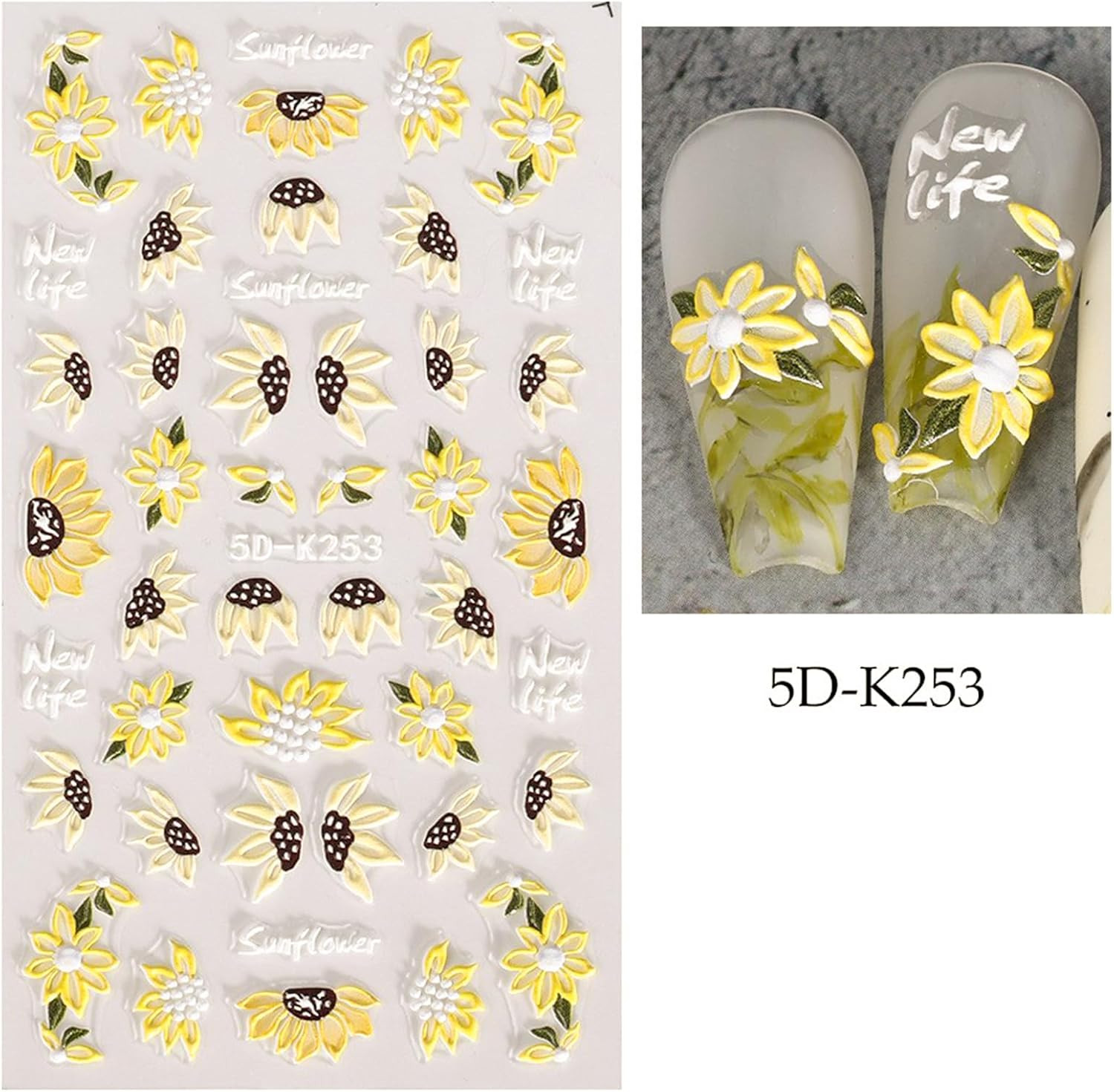5D Embossed Sunflower Nail Art Stickers Self-Adhesive Flower Nail Decals Engrave