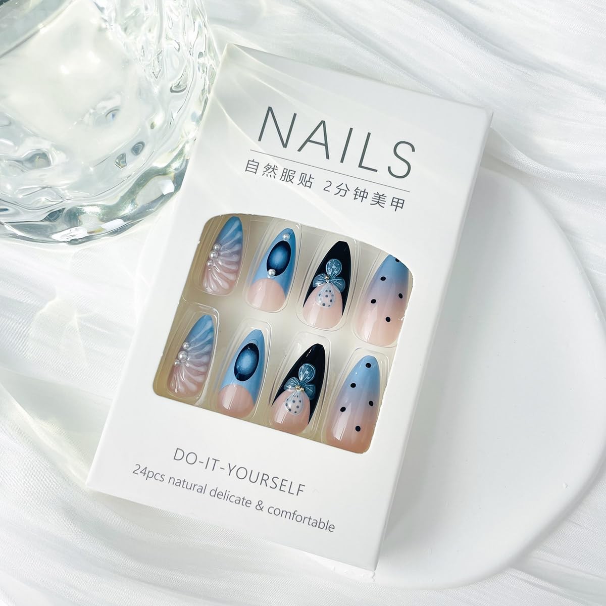 24Pcs French Tip Press On Nails Blue Black Long Almond Fake Nails Flower Fals…