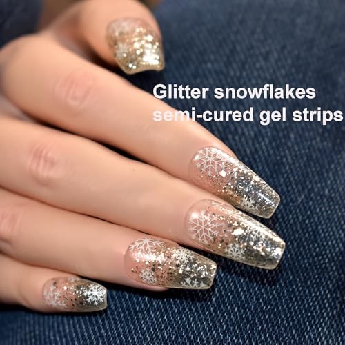 Semi Cured Gel Nail Strips Christmas Nail Stickers Clear with Snowflakes