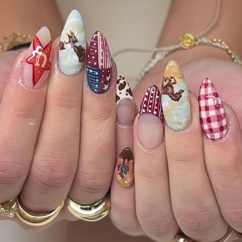 48P-Press on Nails Rodeo Cowgirl Star Glossy Almond Nail Set Reusable Handmade