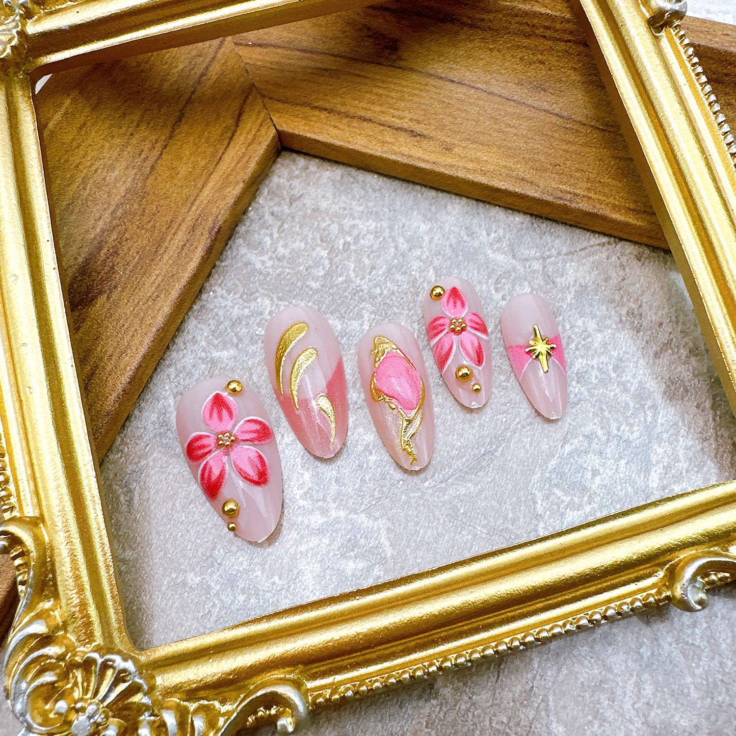 24Pcs Flower Press on Nails Medium Almond Fake Nails with Gold Beads Star Design