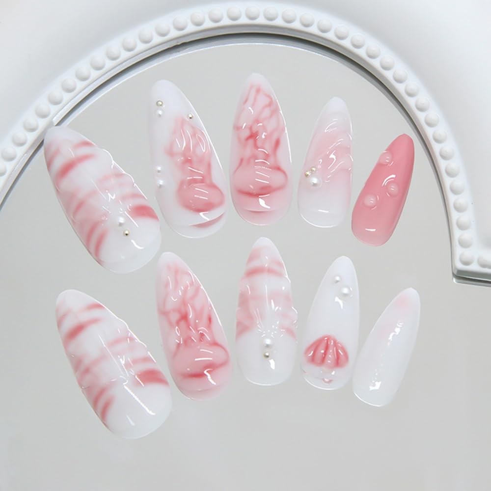 24 Pcs Summer Press on Nails Short Almond, Fake Nails Press ons Acrylic Nail …