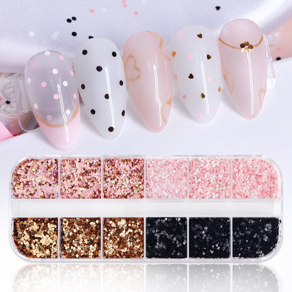 12 Grids Mixed Nail Glitter Flakes Heart Star Shape Sparkly Nail Art Decoration