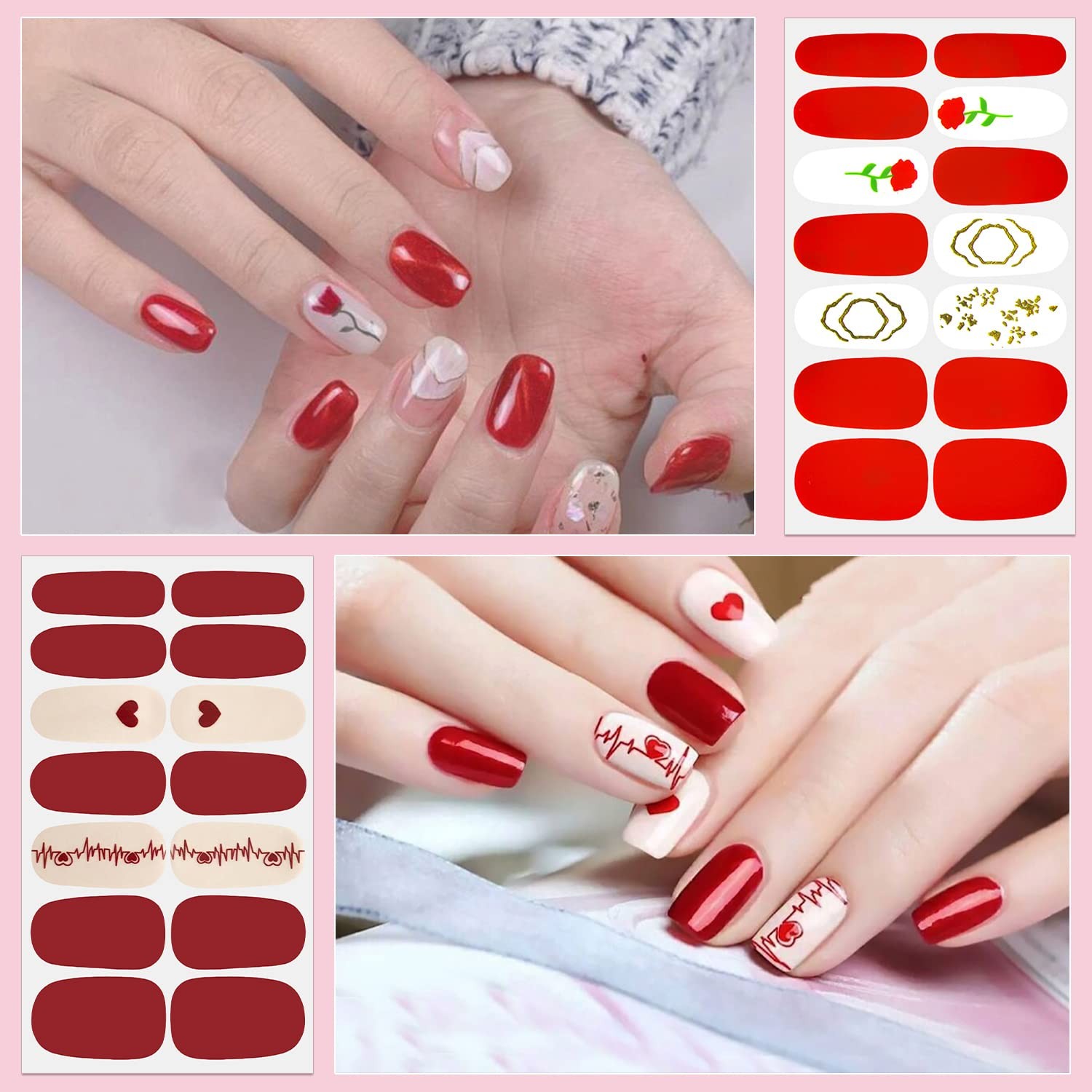 24 Sheets Valentine’s Day Nail Polish Strips Full Nail Wraps for Women Gel Na…
