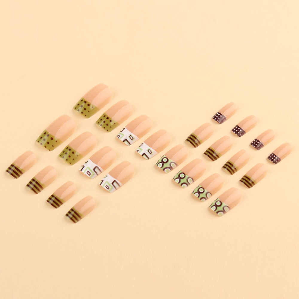 48P Short Square Press on Nails,Green Brown Retro Geometric Polka Dot Fake Nails
