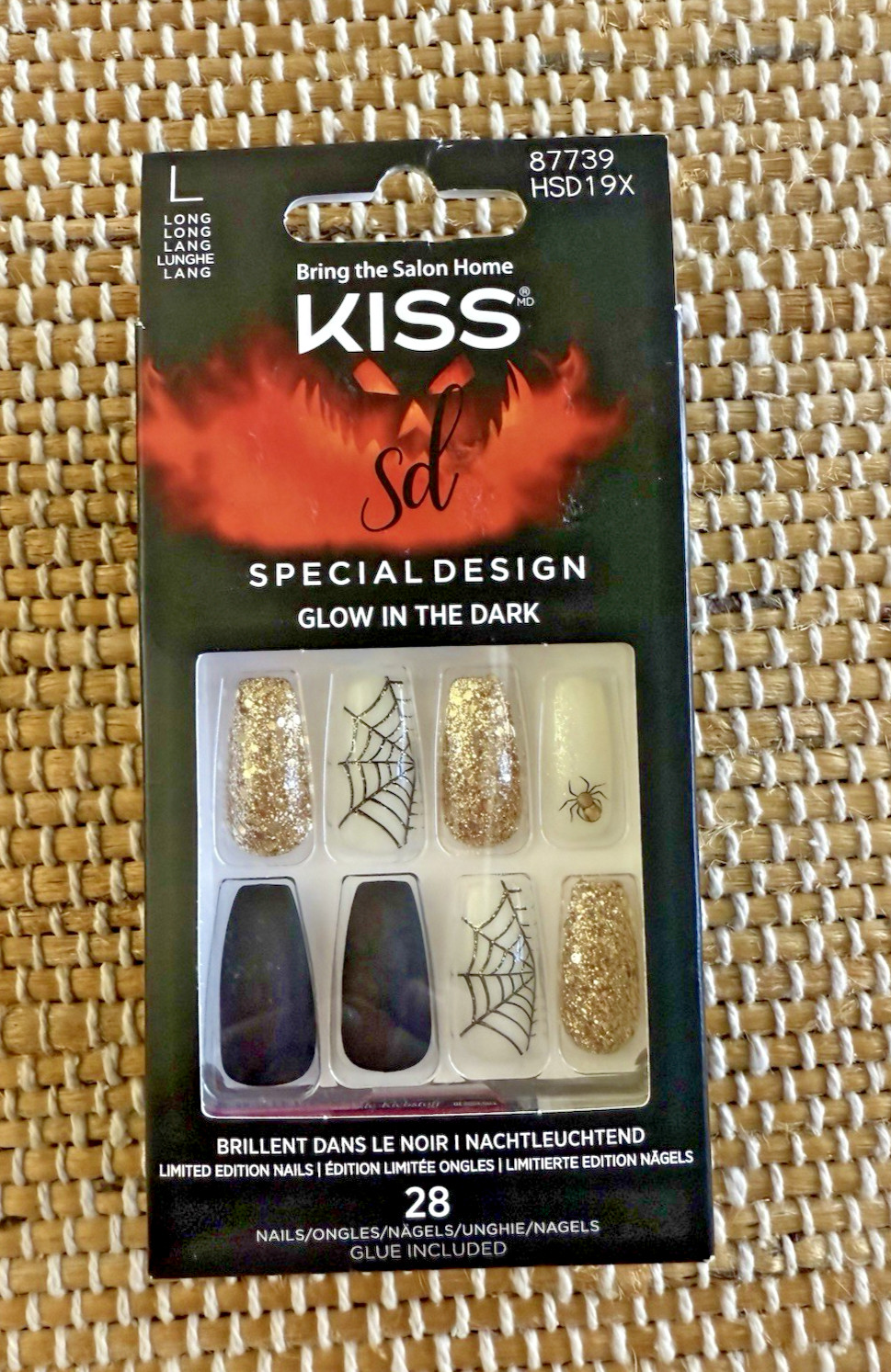 NEW Kiss Nails Halloween Long Coffin Black Spider Web Glow in Dark Glue Press on