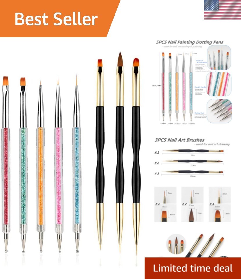 8PCS Nail Art Brushes, Double-Ended Brush and Dotting Tool Kit, Dual End Nail…
