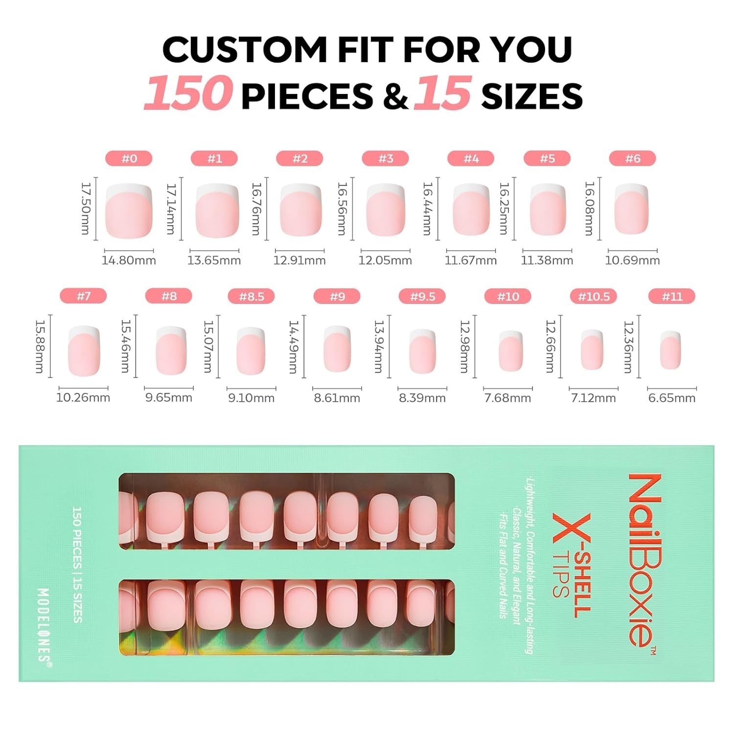 NAILBOXIE X-Shell Tips MODELONES 150 Pieces French Gel Nails 15 Sizes