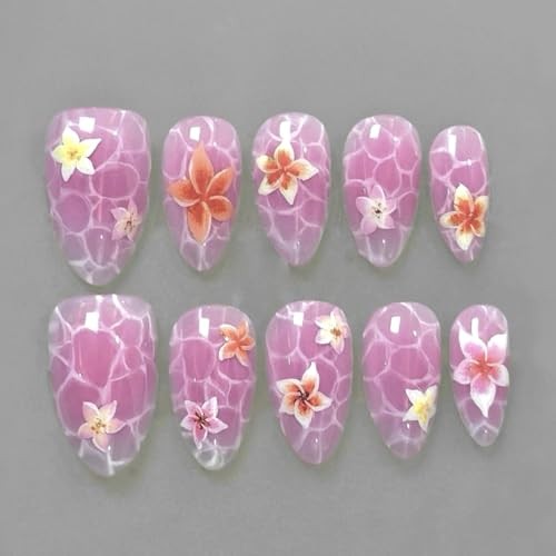 Press on Nails with Flower Design Medium Almond Fake Nails Marble Pattern