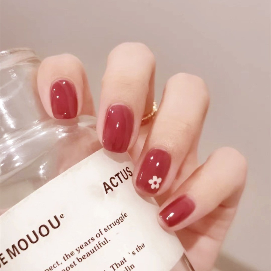 Press on Nail – Wine Red Small Flowers, Short Square Fake Nails, 48 Piece Set