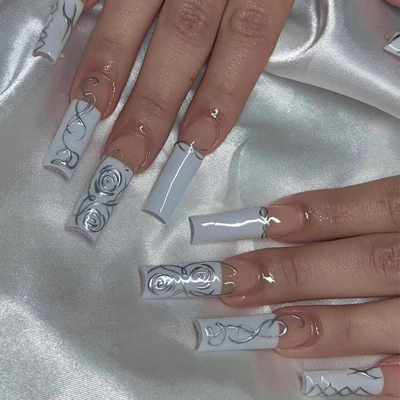 24pcs 3D Flower Bowknot False Nails Y2K Long Coffin Press On Nails