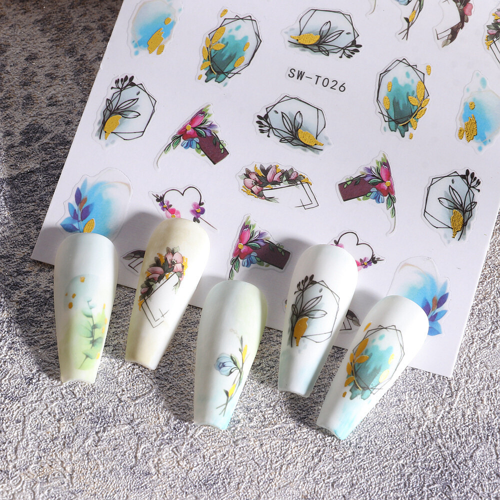Flower Heart Leaf Nail Stickers Geometric Shapes Flower leaf Gold Accents